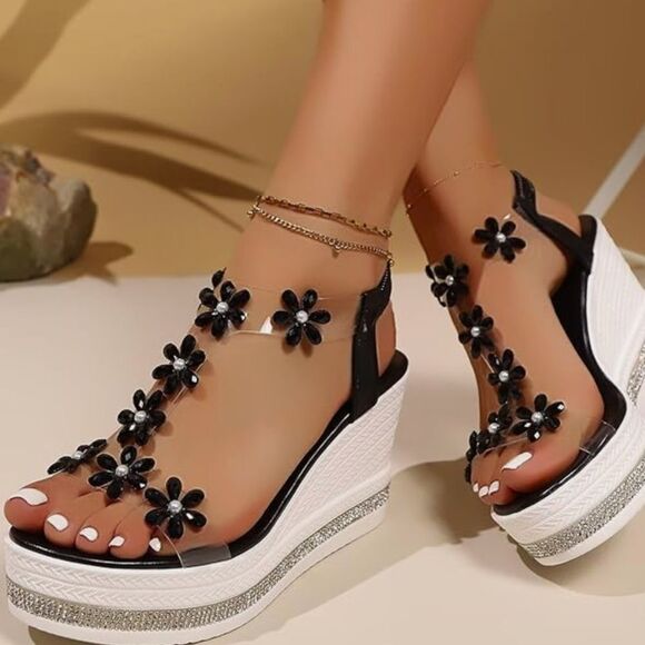 Macy's Black Floral Wedge Sandals - Picture 7 of 11